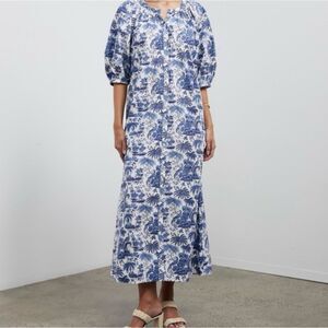 Staud Vincent Cotton-Blend Poplin Midi Dress Size Medium Blue Toile Vacation